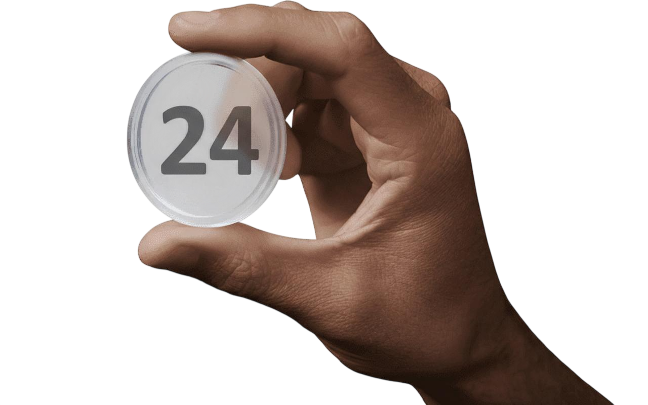 Hand holding a clear coin with a Bitcoin symbol, against a transparent background.